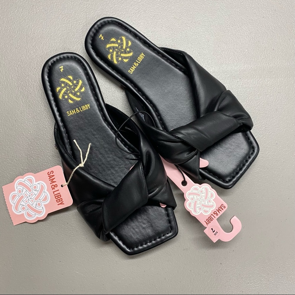 Sam & Libby Tallulah Black Slides Sandals Twist Strap Flat Size 7 / 8 / 9 / 10